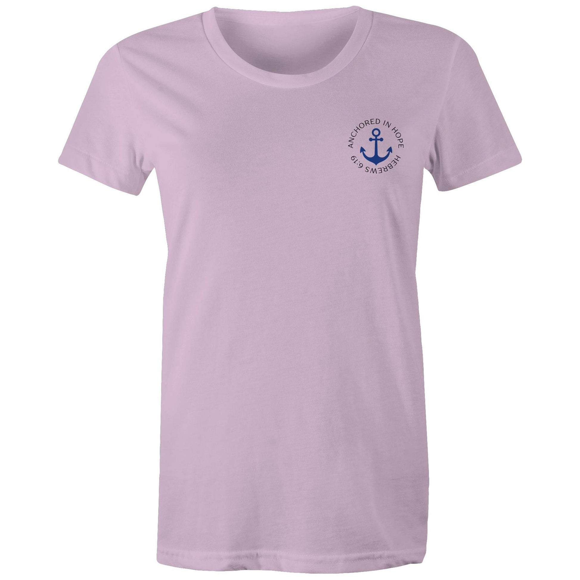 Christian t-shirt with left pocket print reading 'Anchored in Hope' and 'Hebrews 6:19' in black text, featuring a blue anchor illustration — faith-based encouragement apparel by Lighthouse Christian Clothing.