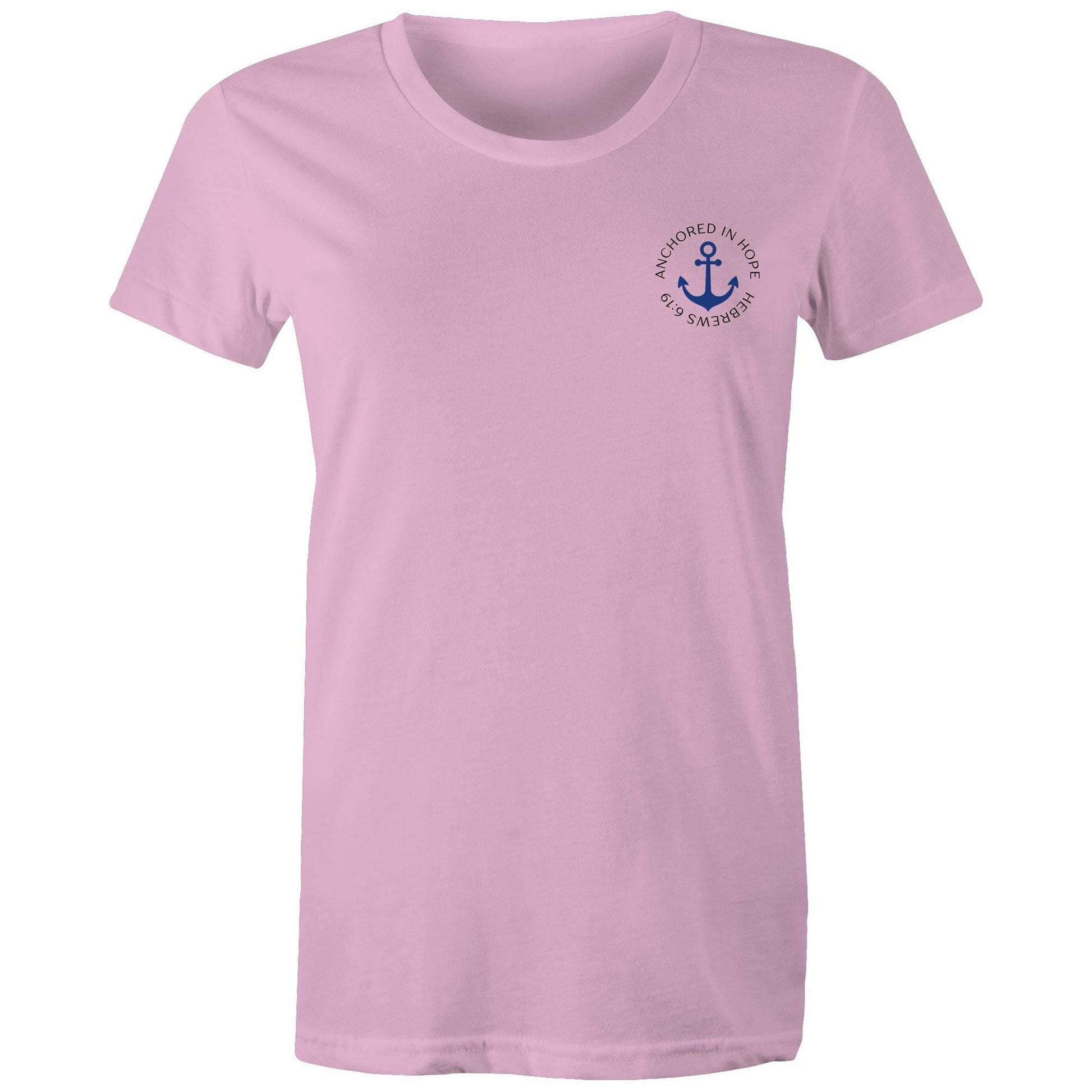 Christian t-shirt with left pocket print reading 'Anchored in Hope' and 'Hebrews 6:19' in black text, featuring a blue anchor illustration — faith-based encouragement apparel by Lighthouse Christian Clothing.