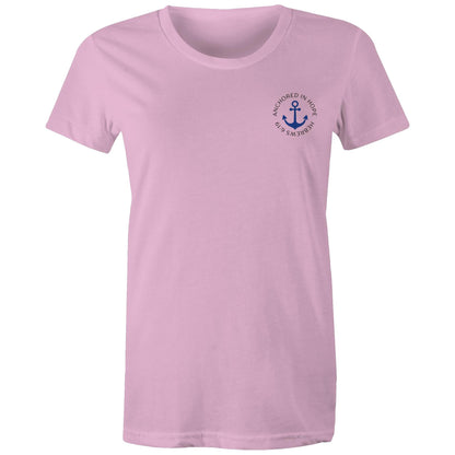 Christian t-shirt with left pocket print reading 'Anchored in Hope' and 'Hebrews 6:19' in black text, featuring a blue anchor illustration — faith-based encouragement apparel by Lighthouse Christian Clothing.