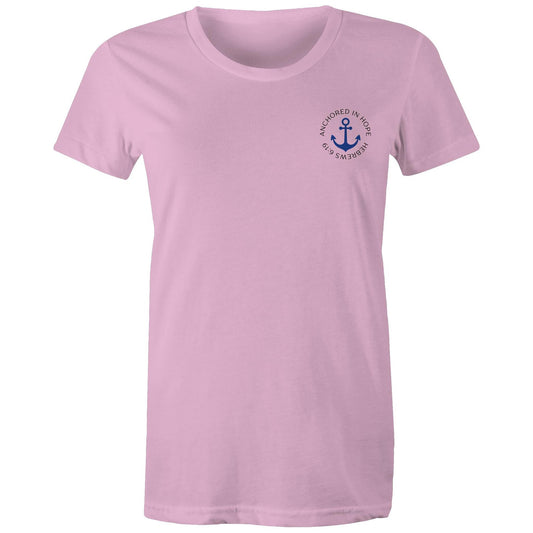 Christian t-shirt with left pocket print reading 'Anchored in Hope' and 'Hebrews 6:19' in black text, featuring a blue anchor illustration — faith-based encouragement apparel by Lighthouse Christian Clothing.
