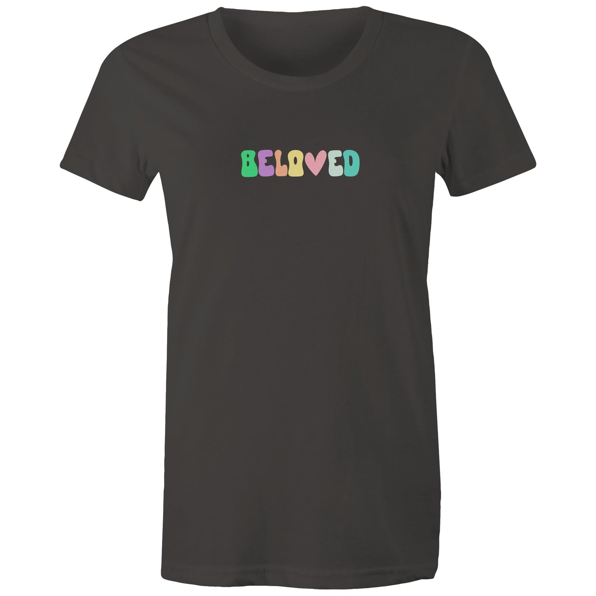 Christian t-shirt with colorful retro 'Beloved' design in pastel tones — faith-based apparel reminding of God's love by Lighthouse Christian Clothing.
