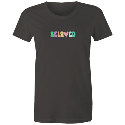 Christian t-shirt with colorful retro 'Beloved' design in pastel tones — faith-based apparel reminding of God's love by Lighthouse Christian Clothing.