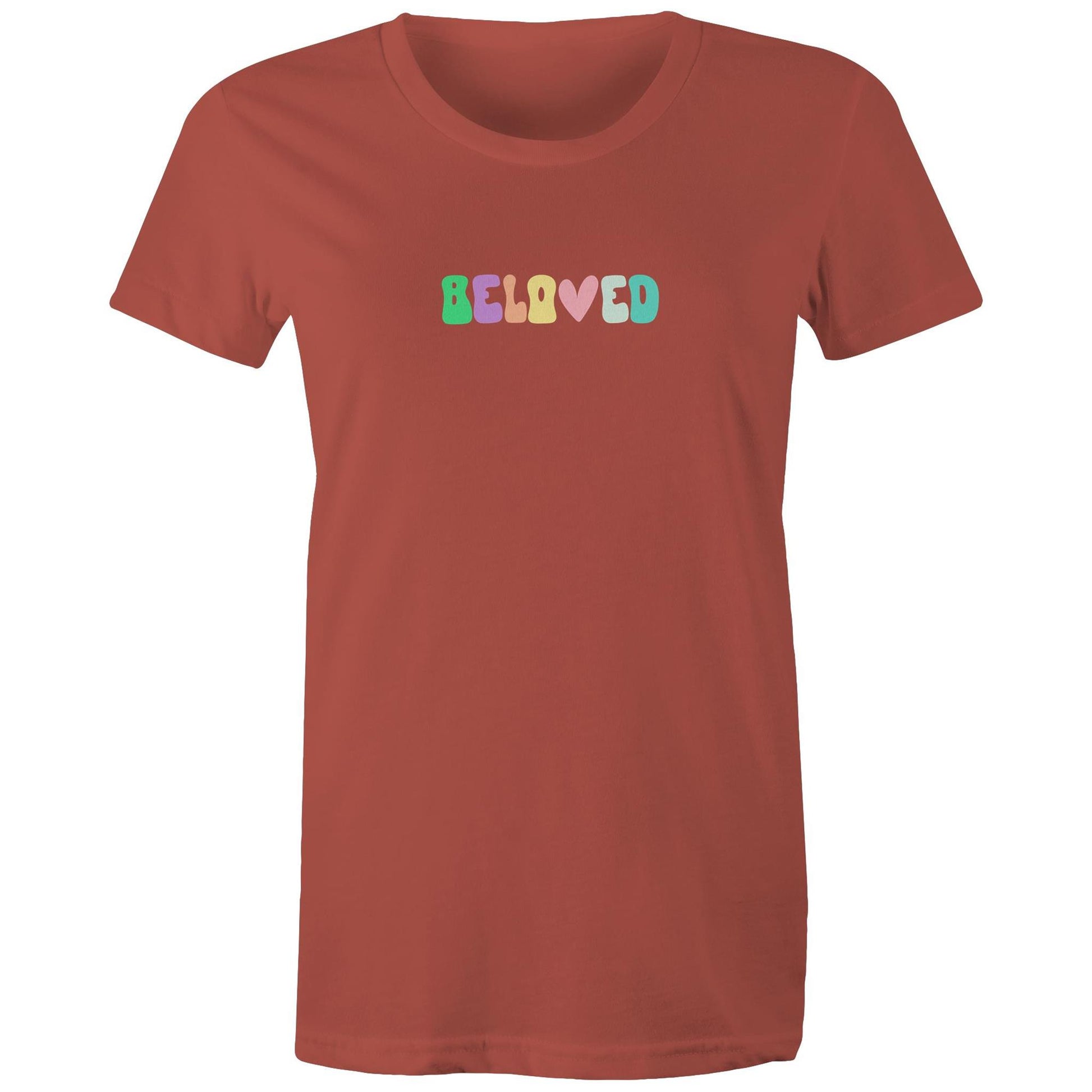 Christian t-shirt with colorful retro 'Beloved' design in pastel tones — faith-based apparel reminding of God's love by Lighthouse Christian Clothing.