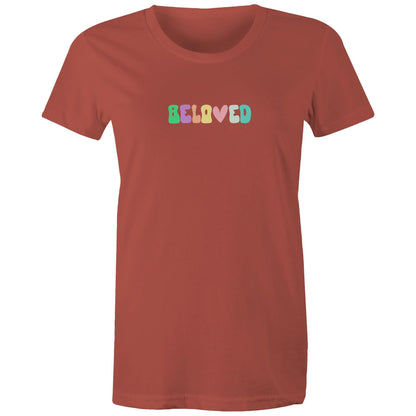 Christian t-shirt with colorful retro 'Beloved' design in pastel tones — faith-based apparel reminding of God's love by Lighthouse Christian Clothing.