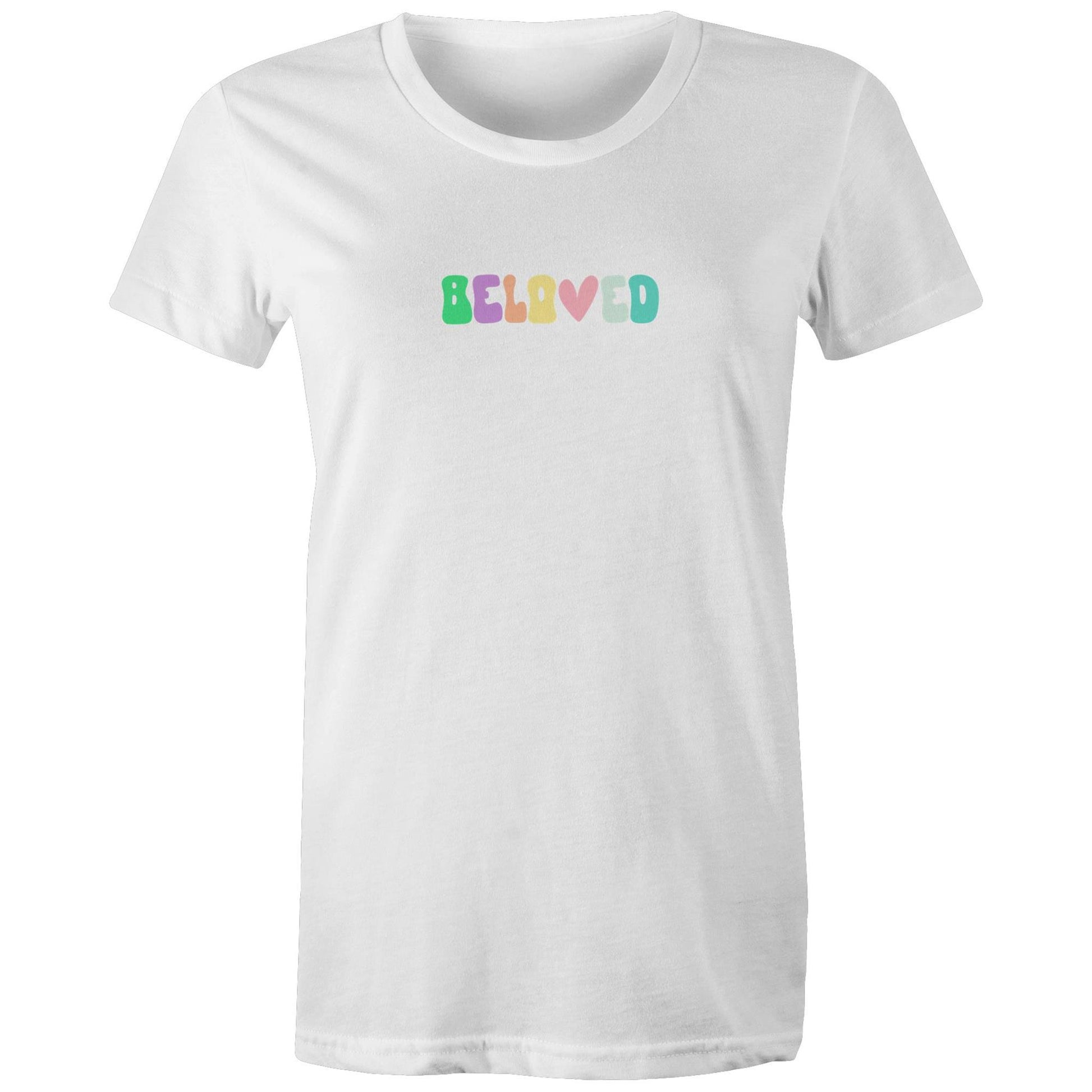 Christian t-shirt with colorful retro 'Beloved' design in pastel tones — faith-based apparel reminding of God's love by Lighthouse Christian Clothing.
