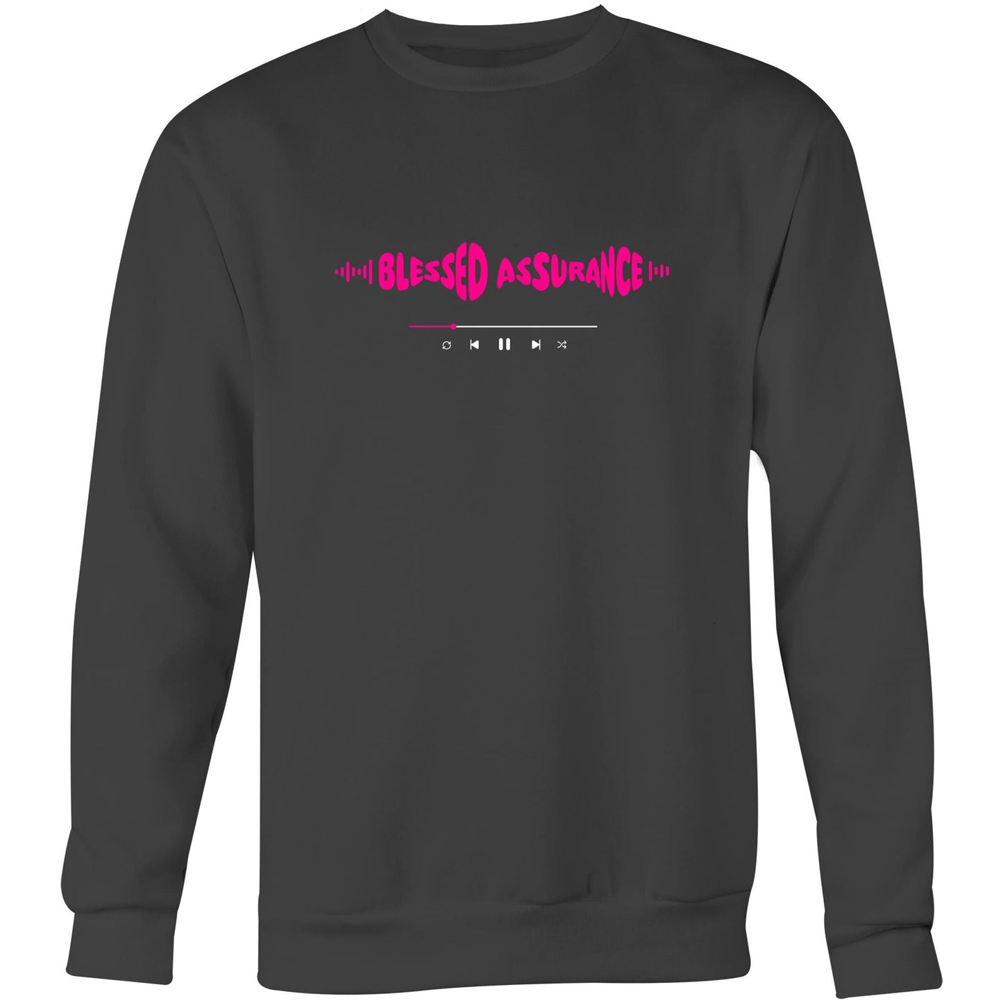 Coal Christian crewneck sweatshirt with pink “BLESSED ASSURANCE” text in a sound wave style and a music play bar printed beneath it on the chest.