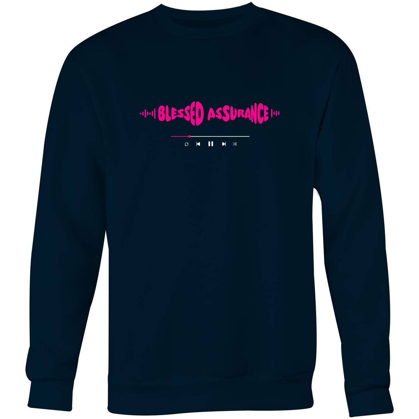 Navy Christian crewneck sweatshirt with pink “BLESSED ASSURANCE” text in a sound wave style and a music play bar printed beneath it on the chest.