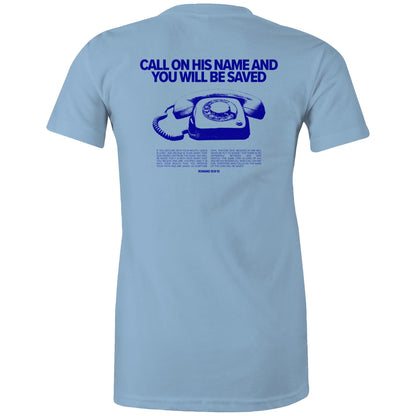 Christian t-shirt featuring a bold blue graphic of a vintage rotary phone with the text “Call on His name and you will be saved” above it. Below, Romans 10:9–13 is printed in full, sharing the gospel message clearly. A bold evangelistic design by Lighthouse Christian Clothing, sparking faith-based conversations.