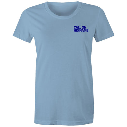 Christian t-shirt from Lighthouse Christian Clothing, featuring the phrase “Call on His name” in bold blue text over the left chest pocket area — a subtle yet powerful reminder of the gospel.