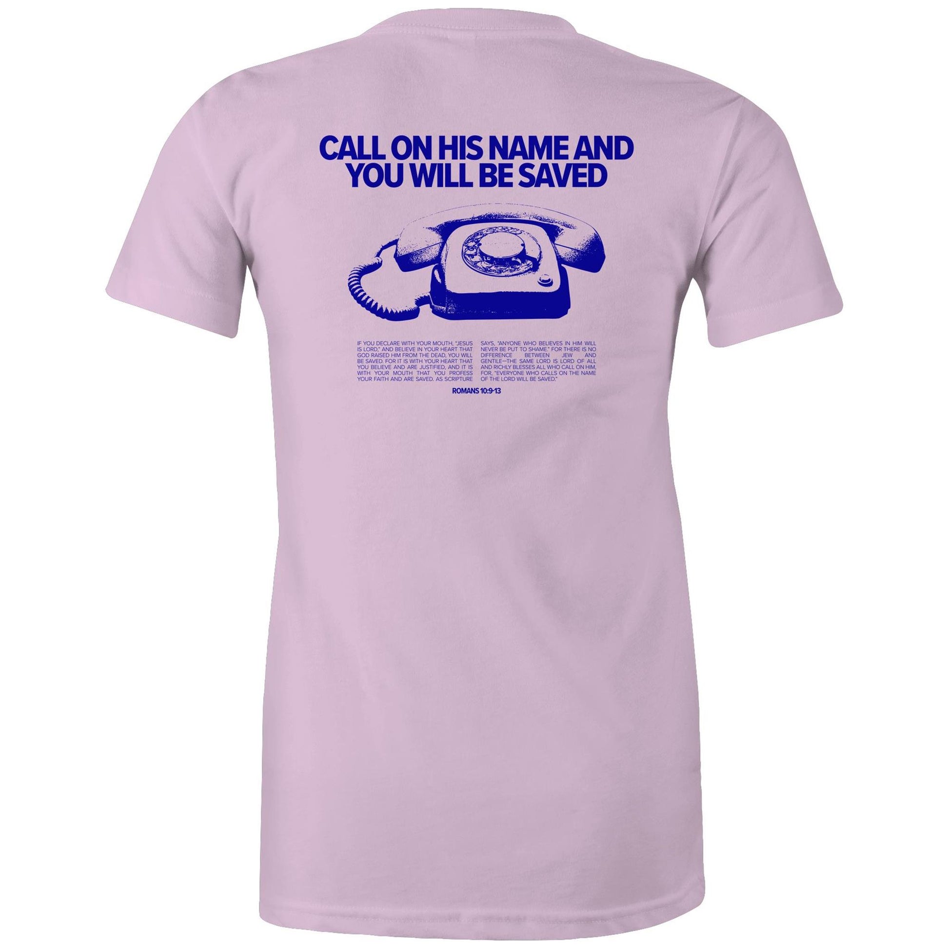 Christian t-shirt featuring a bold blue graphic of a vintage rotary phone with the text “Call on His name and you will be saved” above it. Below, Romans 10:9–13 is printed in full, sharing the gospel message clearly. A bold evangelistic design by Lighthouse Christian Clothing, sparking faith-based conversations.