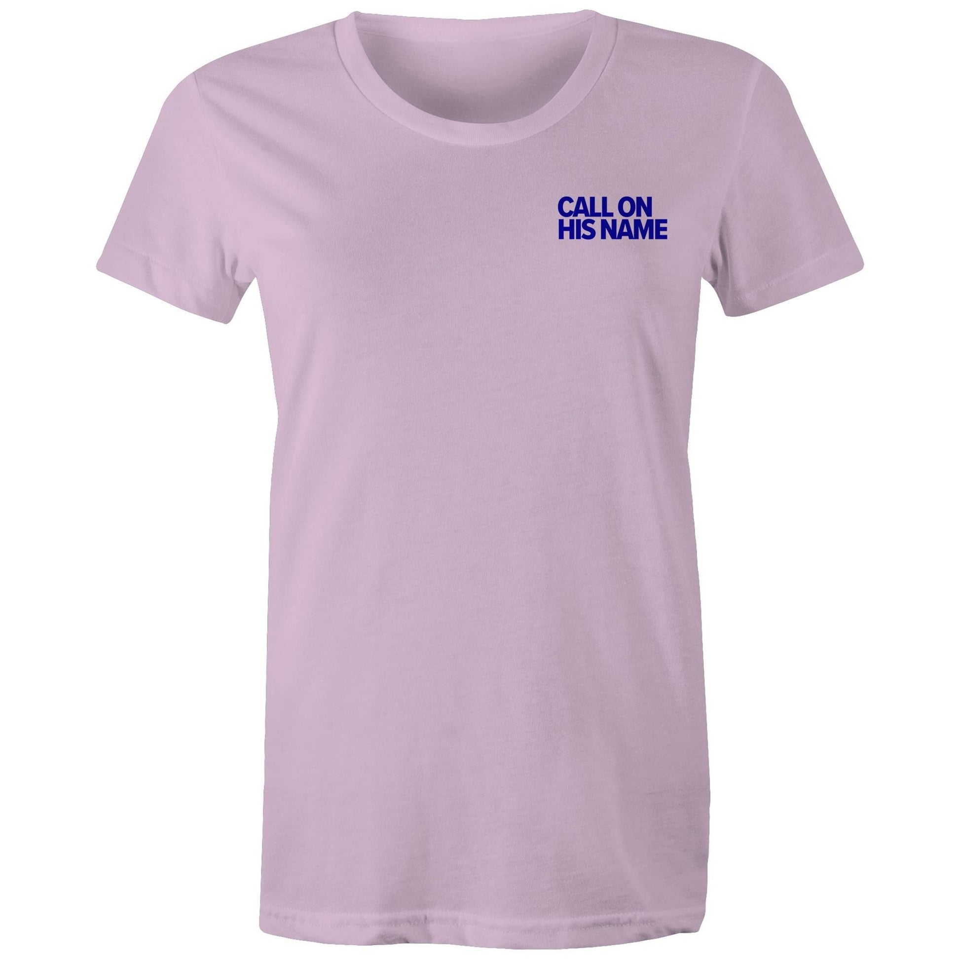Christian t-shirt from Lighthouse Christian Clothing, featuring the phrase “Call on His name” in bold blue text over the left chest pocket area — a subtle yet powerful reminder of the gospel.