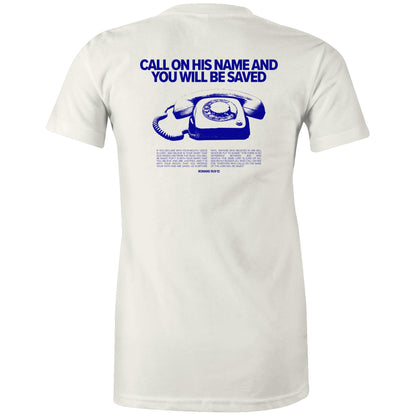 Christian t-shirt featuring a bold blue graphic of a vintage rotary phone with the text “Call on His name and you will be saved” above it. Below, Romans 10:9–13 is printed in full, sharing the gospel message clearly. A bold evangelistic design by Lighthouse Christian Clothing, sparking faith-based conversations.