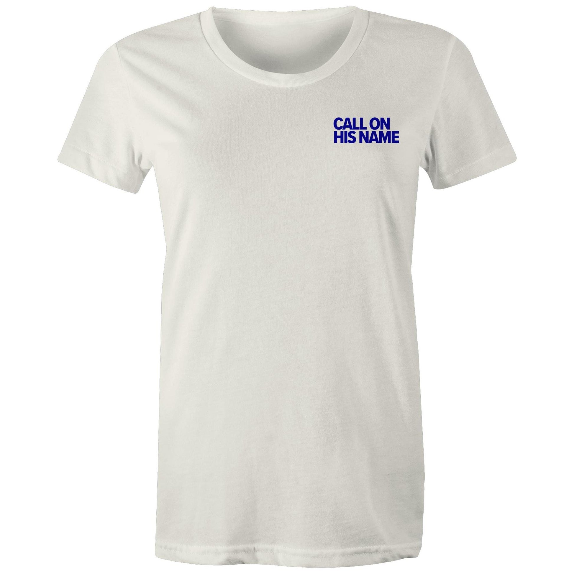 Christian t-shirt from Lighthouse Christian Clothing, featuring the phrase “Call on His name” in bold blue text over the left chest pocket area — a subtle yet powerful reminder of the gospel.