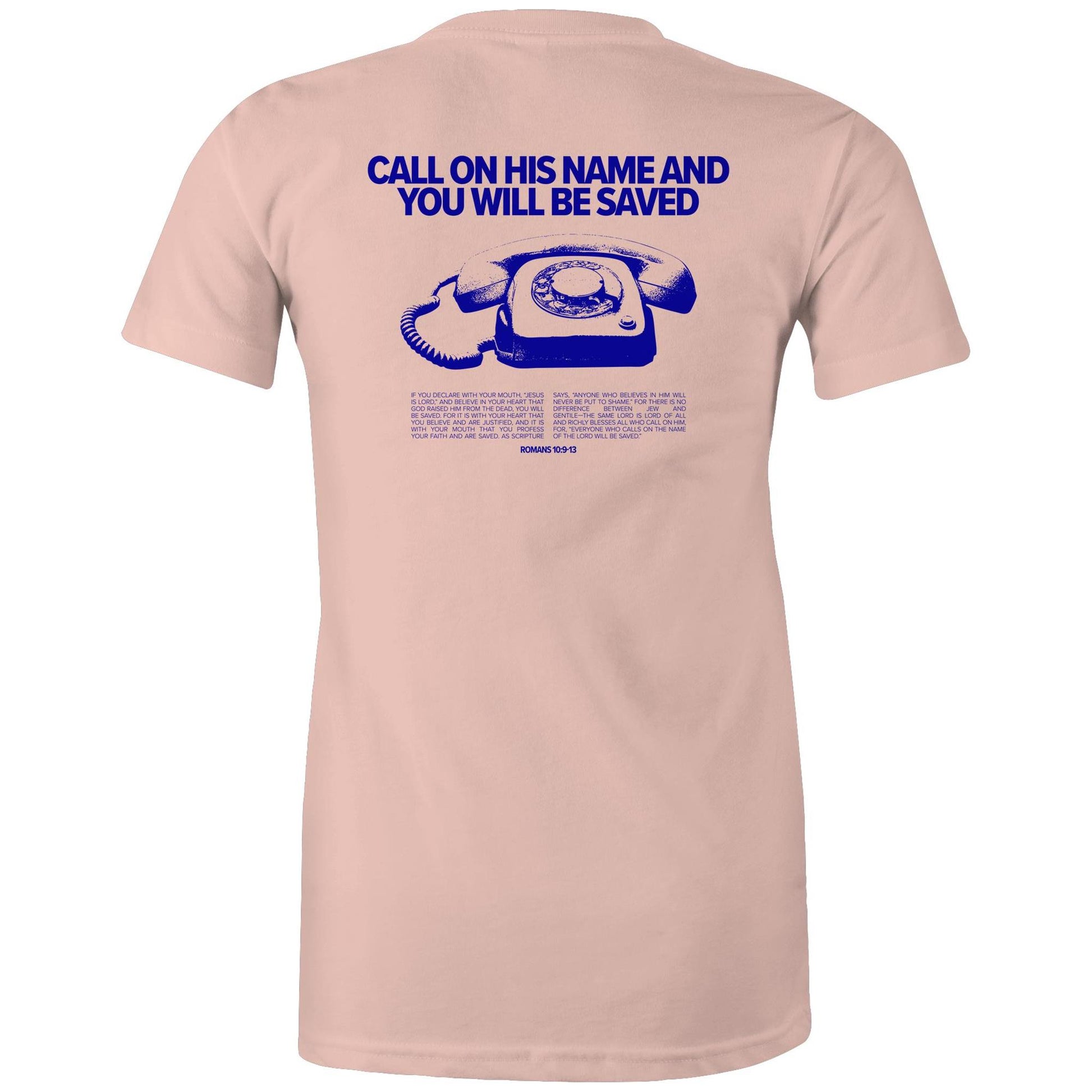 Christian t-shirt featuring a bold blue graphic of a vintage rotary phone with the text “Call on His name and you will be saved” above it. Below, Romans 10:9–13 is printed in full, sharing the gospel message clearly. A bold evangelistic design by Lighthouse Christian Clothing, sparking faith-based conversations.