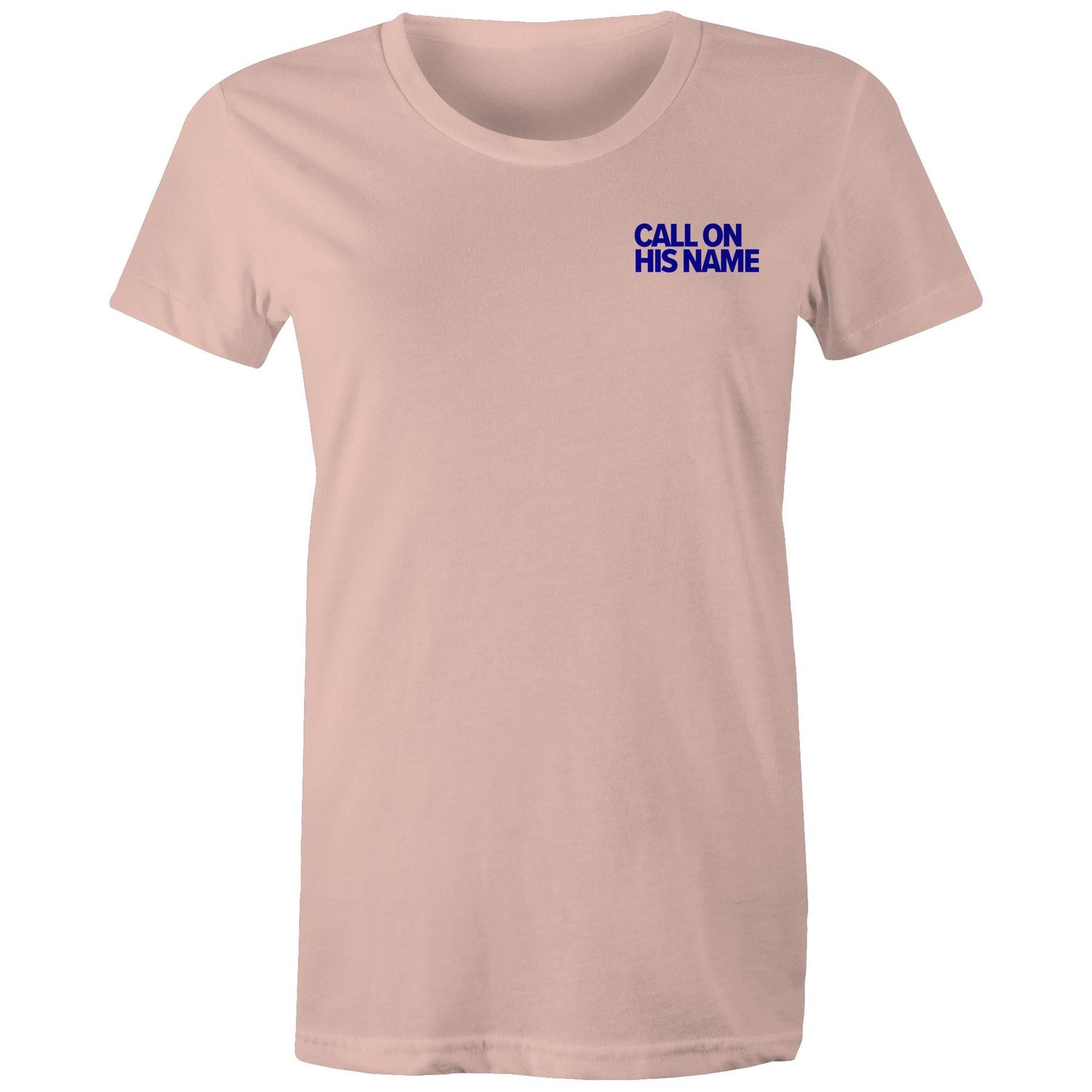 Christian t-shirt from Lighthouse Christian Clothing, featuring the phrase “Call on His name” in bold blue text over the left chest pocket area — a subtle yet powerful reminder of the gospel.