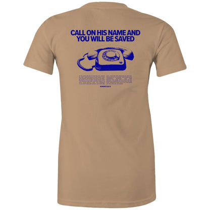 Christian t-shirt featuring a bold blue graphic of a vintage rotary phone with the text “Call on His name and you will be saved” above it. Below, Romans 10:9–13 is printed in full, sharing the gospel message clearly. A bold evangelistic design by Lighthouse Christian Clothing, sparking faith-based conversations.
