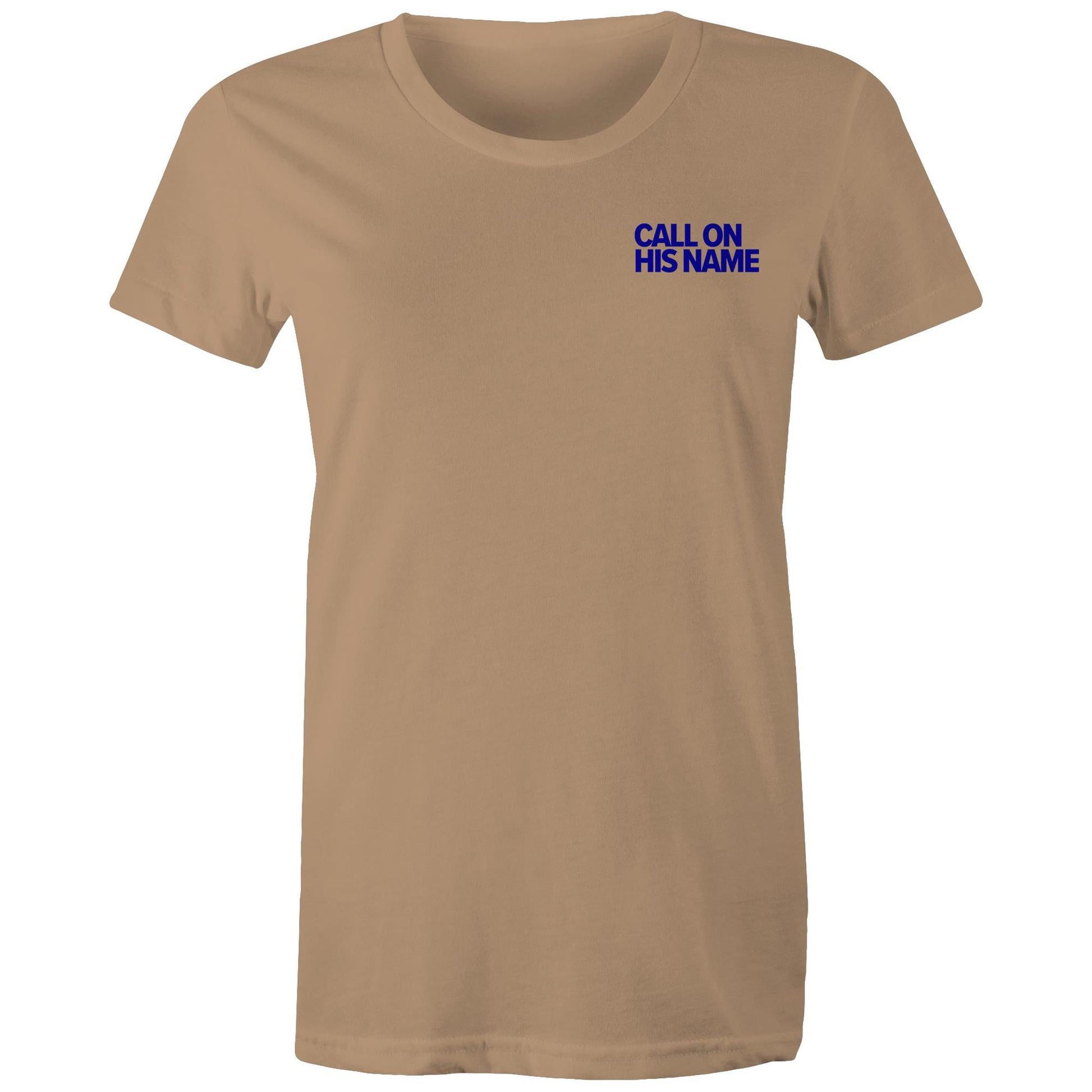 Christian t-shirt from Lighthouse Christian Clothing, featuring the phrase “Call on His name” in bold blue text over the left chest pocket area — a subtle yet powerful reminder of the gospel.