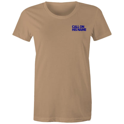 Christian t-shirt from Lighthouse Christian Clothing, featuring the phrase “Call on His name” in bold blue text over the left chest pocket area — a subtle yet powerful reminder of the gospel.