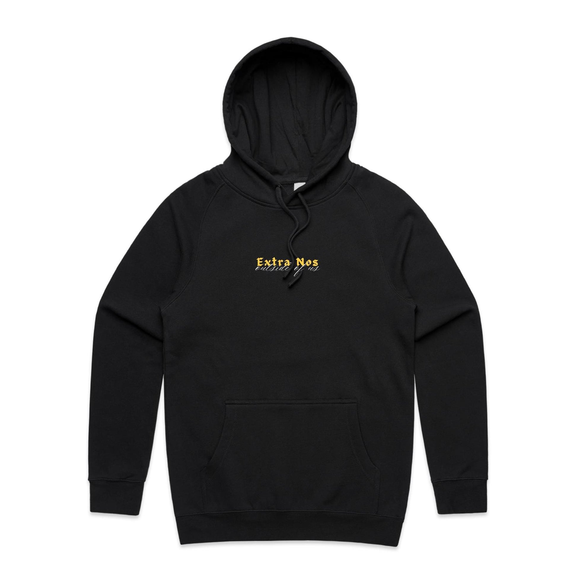 Christian hoodie featuring “Extra Nos” in bold yellow gothic lettering, with “outside of us” in elegant white script beneath. A faith-based design by Lighthouse Christian Clothing, highlighting the gospel truth that salvation is found outside of ourselves — in Christ alone.