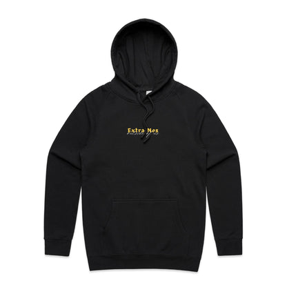 Christian hoodie featuring “Extra Nos” in bold yellow gothic lettering, with “outside of us” in elegant white script beneath. A faith-based design by Lighthouse Christian Clothing, highlighting the gospel truth that salvation is found outside of ourselves — in Christ alone.