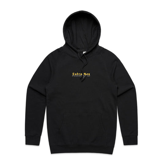 Christian hoodie featuring “Extra Nos” in bold yellow gothic lettering, with “outside of us” in elegant white script beneath. A faith-based design by Lighthouse Christian Clothing, highlighting the gospel truth that salvation is found outside of ourselves — in Christ alone.
