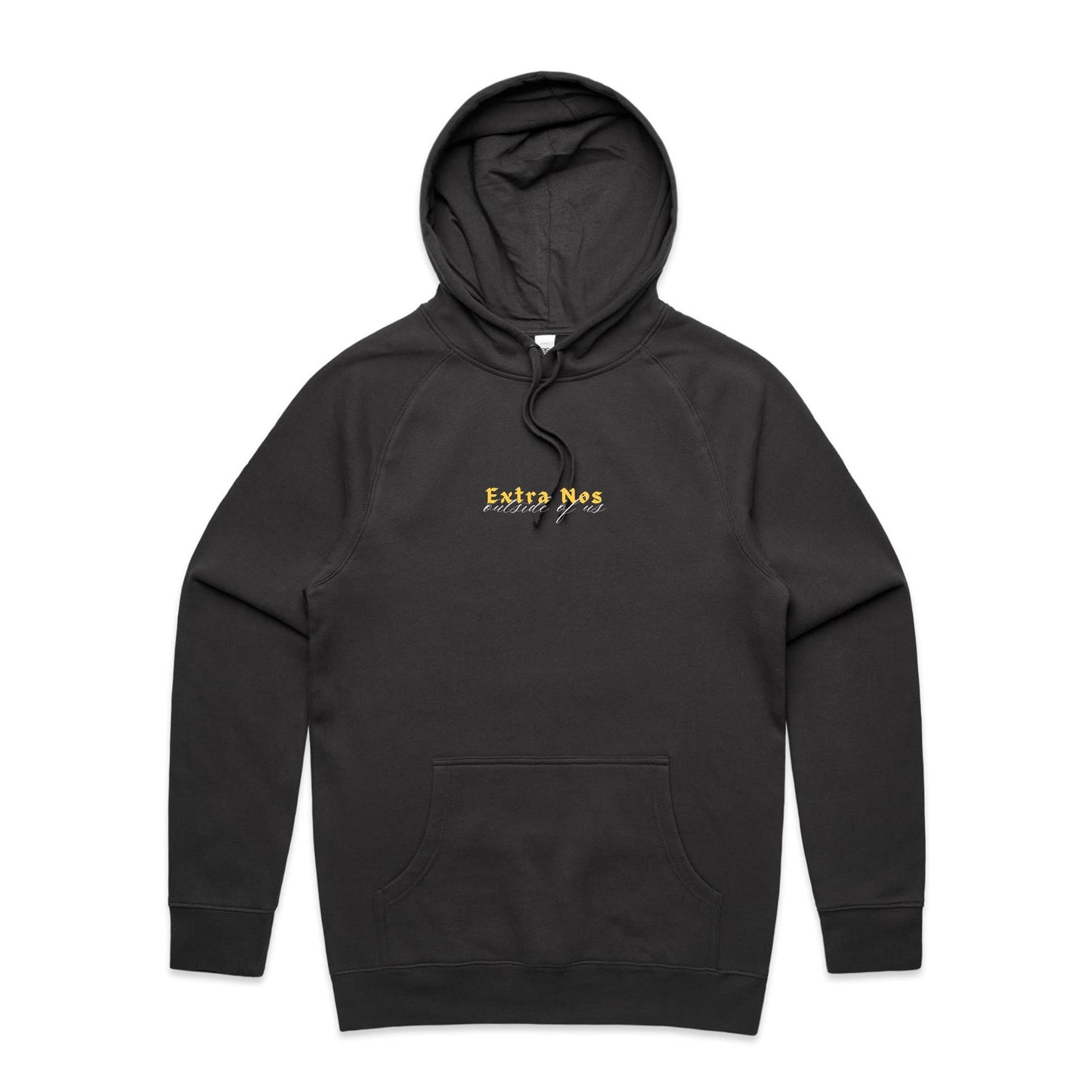 Christian hoodie featuring “Extra Nos” in bold yellow gothic lettering, with “outside of us” in elegant white script beneath. A faith-based design by Lighthouse Christian Clothing, highlighting the gospel truth that salvation is found outside of ourselves — in Christ alone.