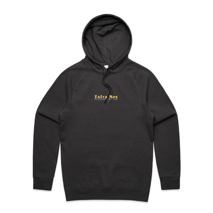Christian hoodie featuring “Extra Nos” in bold yellow gothic lettering, with “outside of us” in elegant white script beneath. A faith-based design by Lighthouse Christian Clothing, highlighting the gospel truth that salvation is found outside of ourselves — in Christ alone.