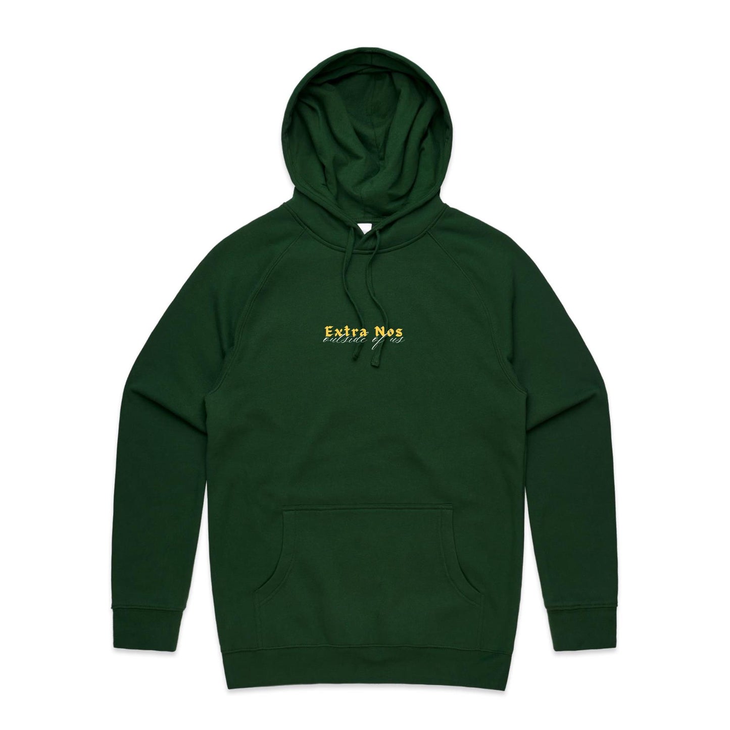 Christian hoodie featuring “Extra Nos” in bold yellow gothic lettering, with “outside of us” in elegant white script beneath. A faith-based design by Lighthouse Christian Clothing, highlighting the gospel truth that salvation is found outside of ourselves — in Christ alone.