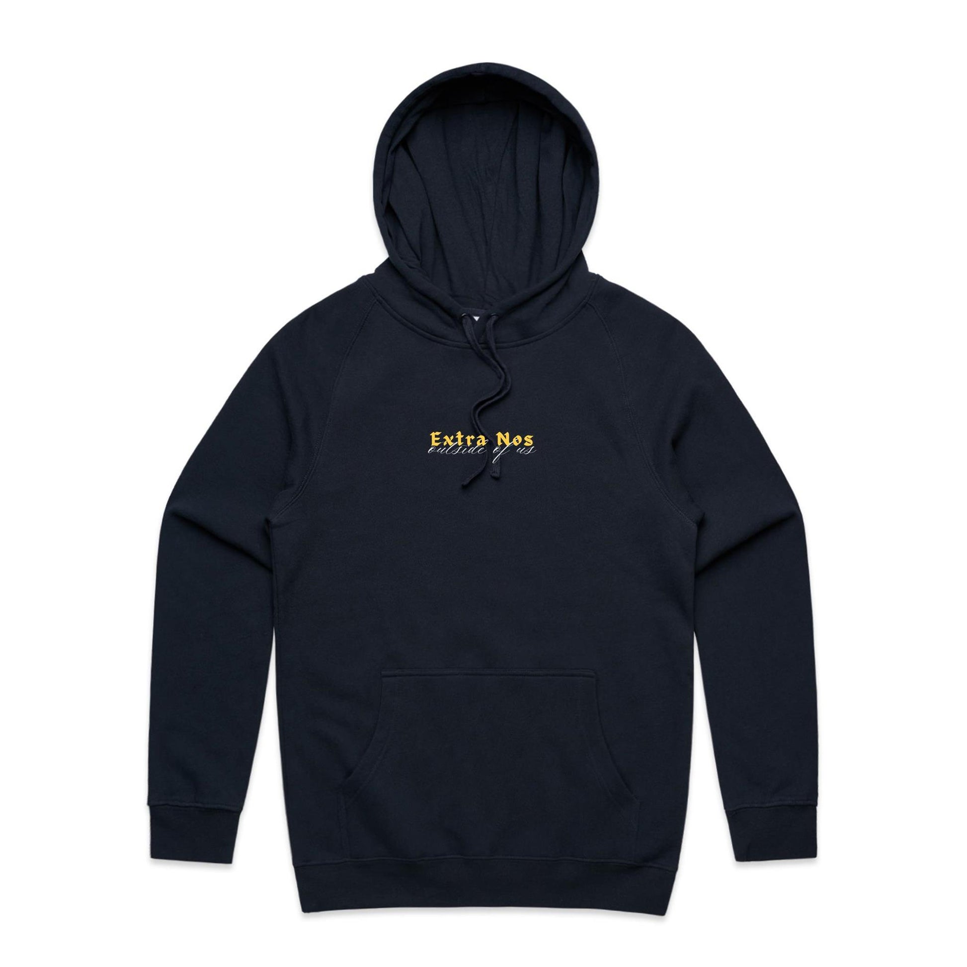 Christian hoodie featuring “Extra Nos” in bold yellow gothic lettering, with “outside of us” in elegant white script beneath. A faith-based design by Lighthouse Christian Clothing, highlighting the gospel truth that salvation is found outside of ourselves — in Christ alone.