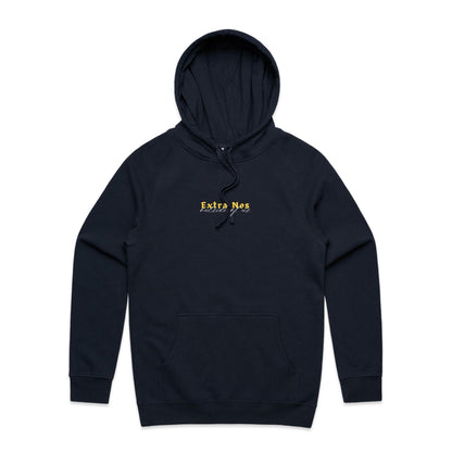 Christian hoodie featuring “Extra Nos” in bold yellow gothic lettering, with “outside of us” in elegant white script beneath. A faith-based design by Lighthouse Christian Clothing, highlighting the gospel truth that salvation is found outside of ourselves — in Christ alone.