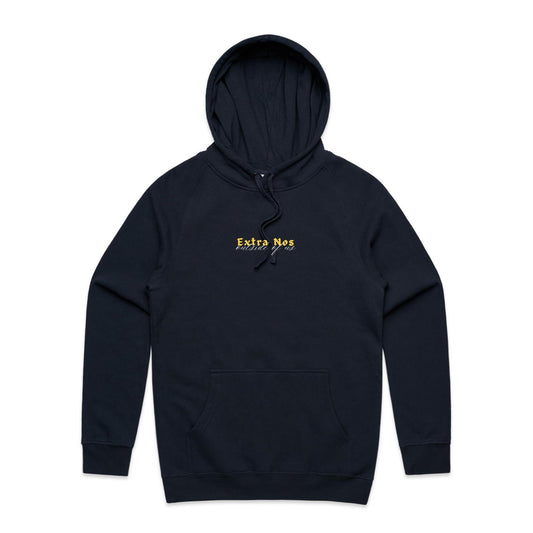 Christian hoodie featuring “Extra Nos” in bold yellow gothic lettering, with “outside of us” in elegant white script beneath. A faith-based design by Lighthouse Christian Clothing, highlighting the gospel truth that salvation is found outside of ourselves — in Christ alone.