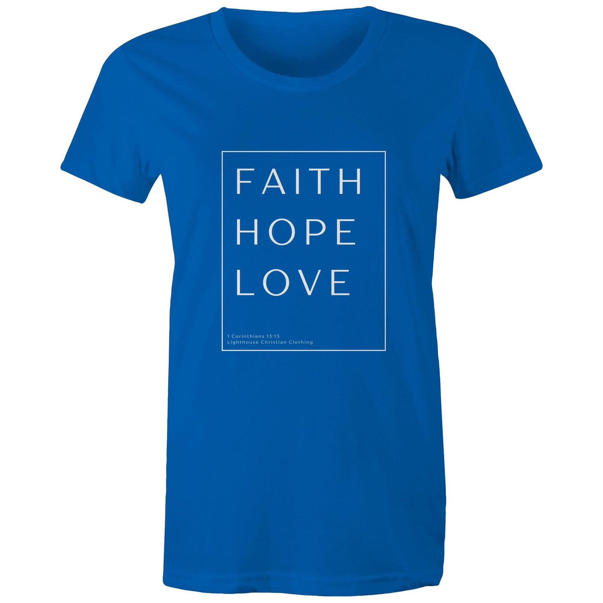 Christian t-shirt with 'Faith Hope Love' Bible verse design from 1 Corinthians 13:13 – minimalist faith-based apparel by Lighthouse Christian Clothing.