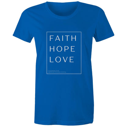 Christian t-shirt with 'Faith Hope Love' Bible verse design from 1 Corinthians 13:13 – minimalist faith-based apparel by Lighthouse Christian Clothing.