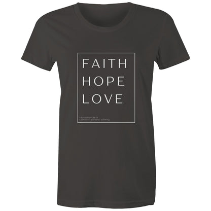 Christian t-shirt with 'Faith Hope Love' Bible verse design from 1 Corinthians 13:13 – minimalist faith-based apparel by Lighthouse Christian Clothing.