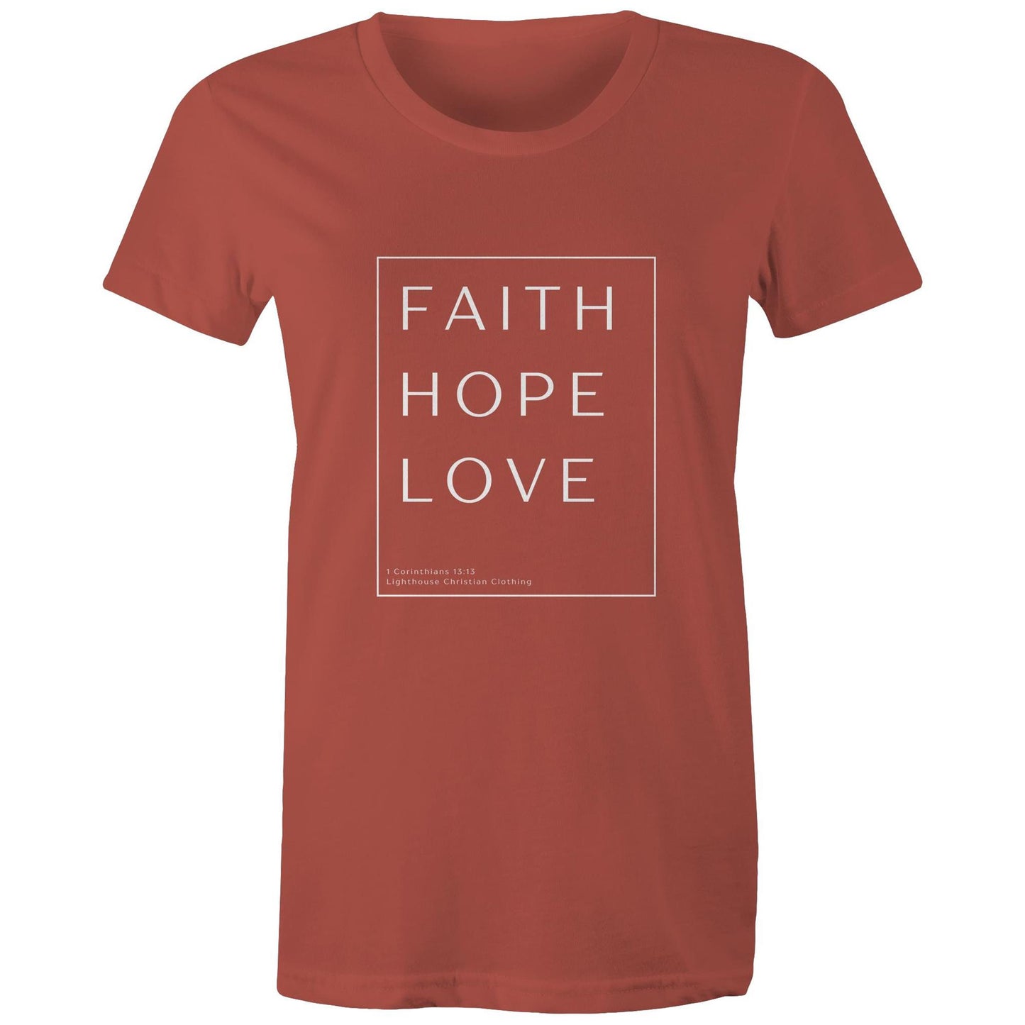 Christian t-shirt with 'Faith Hope Love' Bible verse design from 1 Corinthians 13:13 – minimalist faith-based apparel by Lighthouse Christian Clothing.