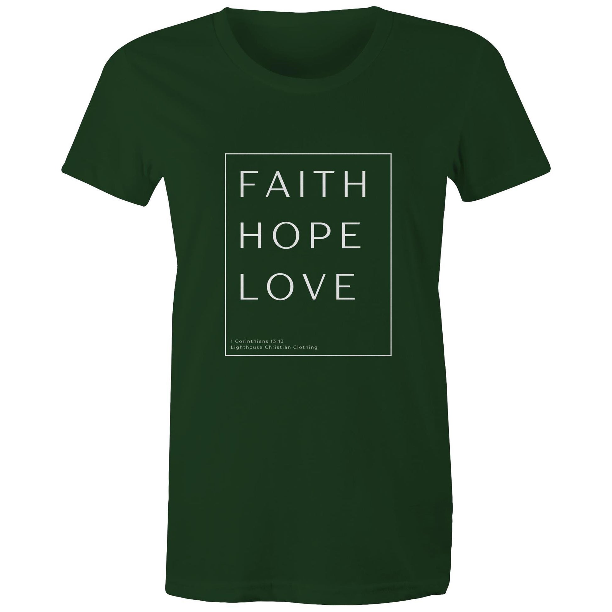 Christian t-shirt with 'Faith Hope Love' Bible verse design from 1 Corinthians 13:13 – minimalist faith-based apparel by Lighthouse Christian Clothing.