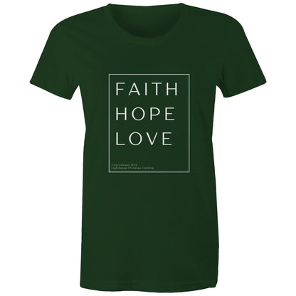 Christian t-shirt with 'Faith Hope Love' Bible verse design from 1 Corinthians 13:13 – minimalist faith-based apparel by Lighthouse Christian Clothing.