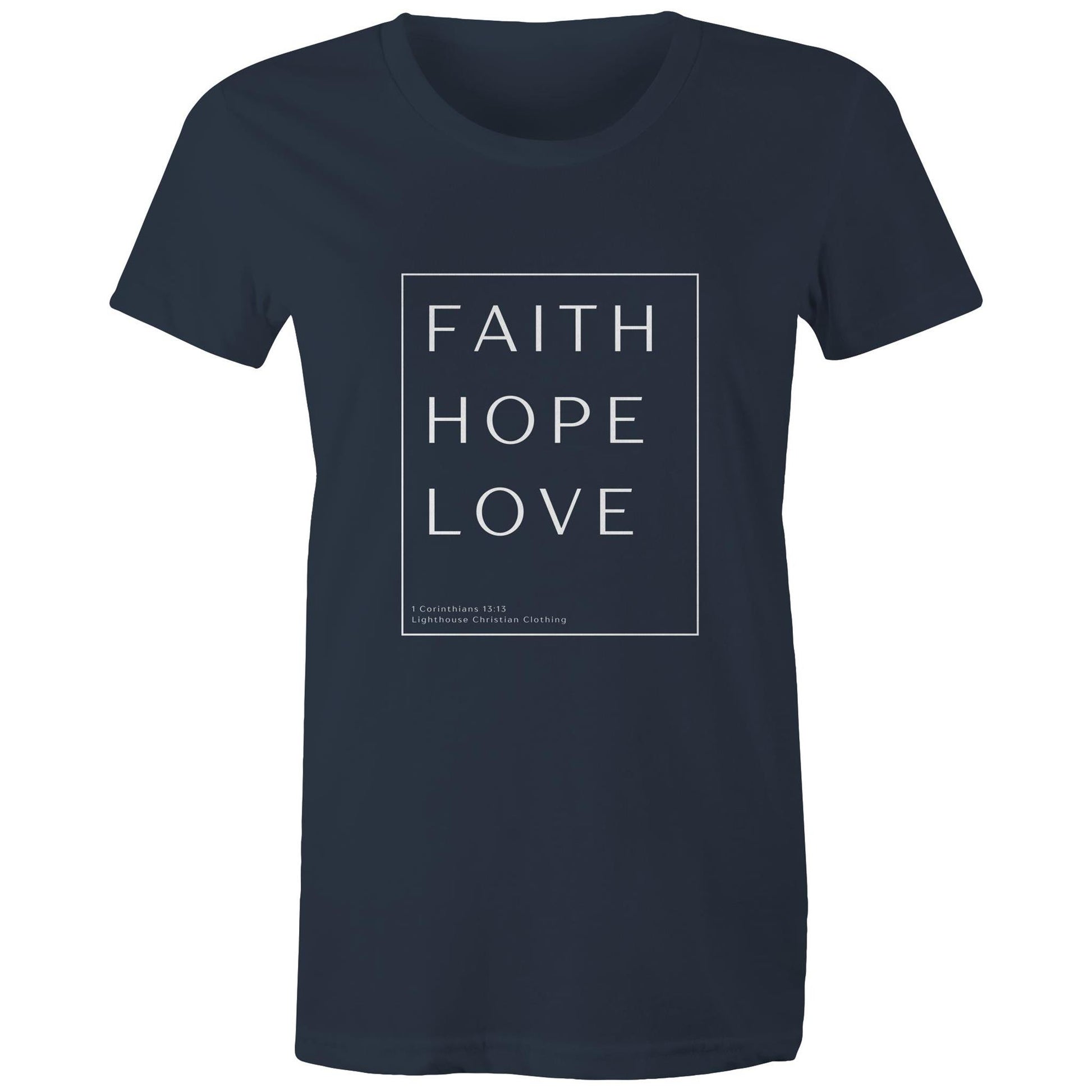 Christian t-shirt with 'Faith Hope Love' Bible verse design from 1 Corinthians 13:13 – minimalist faith-based apparel by Lighthouse Christian Clothing.