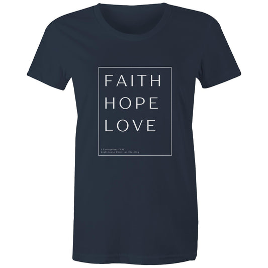 Christian t-shirt with 'Faith Hope Love' Bible verse design from 1 Corinthians 13:13 – minimalist faith-based apparel by Lighthouse Christian Clothing.