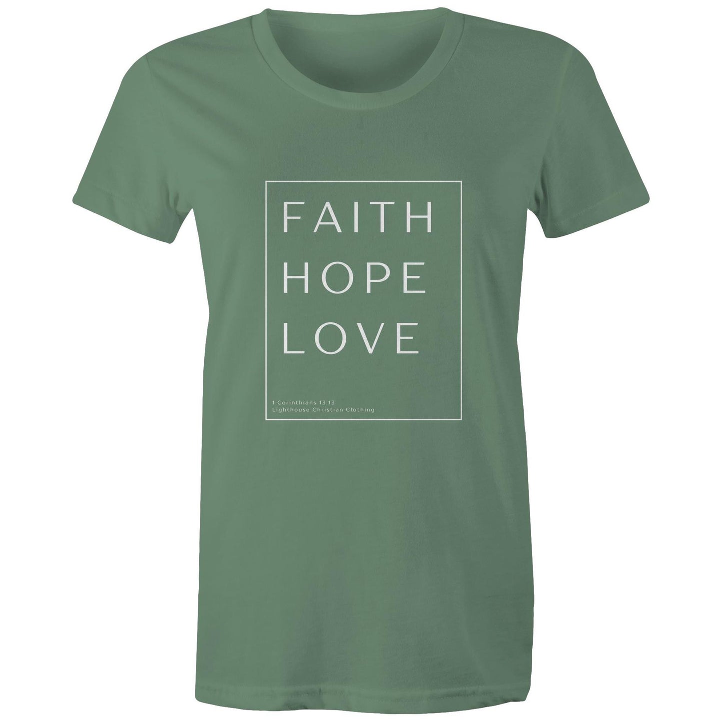 Christian t-shirt with 'Faith Hope Love' Bible verse design from 1 Corinthians 13:13 – minimalist faith-based apparel by Lighthouse Christian Clothing.