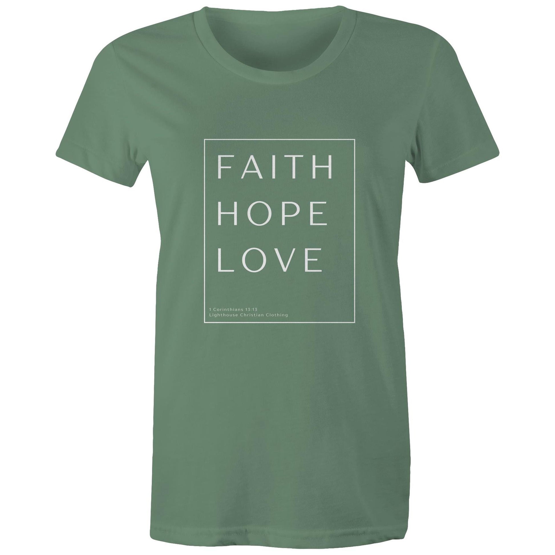 Christian t-shirt with 'Faith Hope Love' Bible verse design from 1 Corinthians 13:13 – minimalist faith-based apparel by Lighthouse Christian Clothing.
