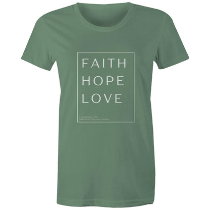 Christian t-shirt with 'Faith Hope Love' Bible verse design from 1 Corinthians 13:13 – minimalist faith-based apparel by Lighthouse Christian Clothing.