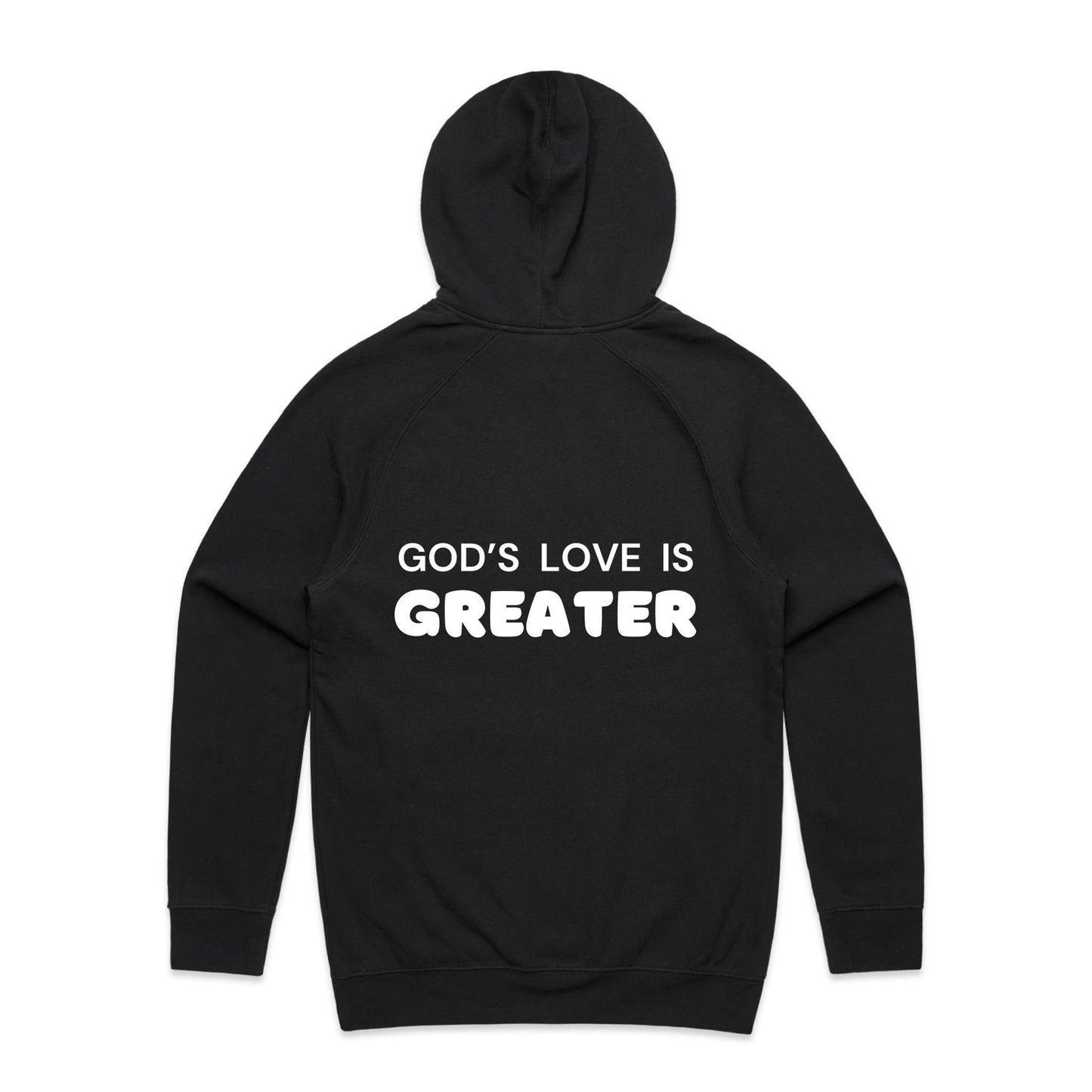 Christian hoodie with white text on the back that reads “God’s love is greater” — a faith-filled, comforting message about the unmatched love of Christ. Designed by Lighthouse Christian Clothing to inspire hope and share the gospel.