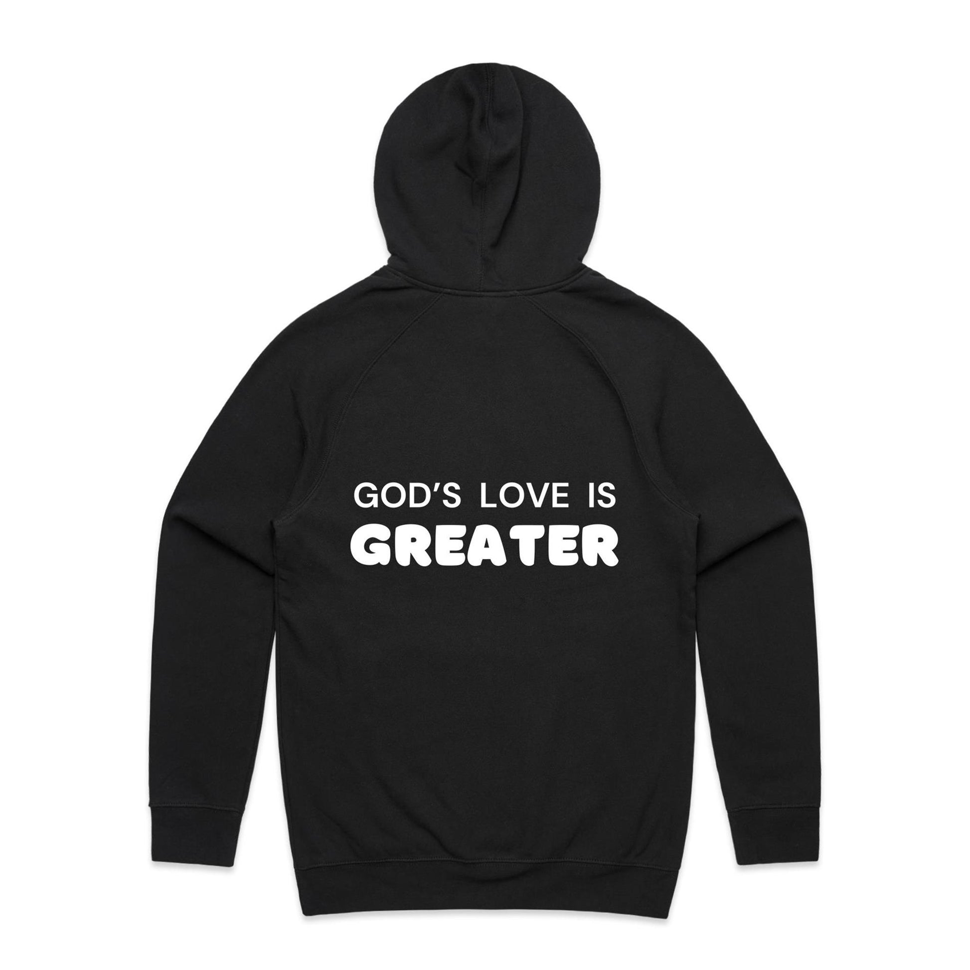 Christian hoodie with white text on the back that reads “God’s love is greater” — a faith-filled, comforting message about the unmatched love of Christ. Designed by Lighthouse Christian Clothing to inspire hope and share the gospel.