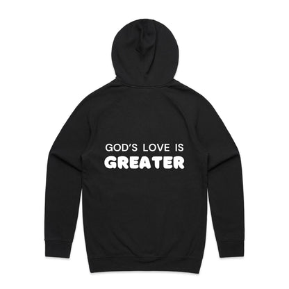 Christian hoodie with white text on the back that reads “God’s love is greater” — a faith-filled, comforting message about the unmatched love of Christ. Designed by Lighthouse Christian Clothing to inspire hope and share the gospel.
