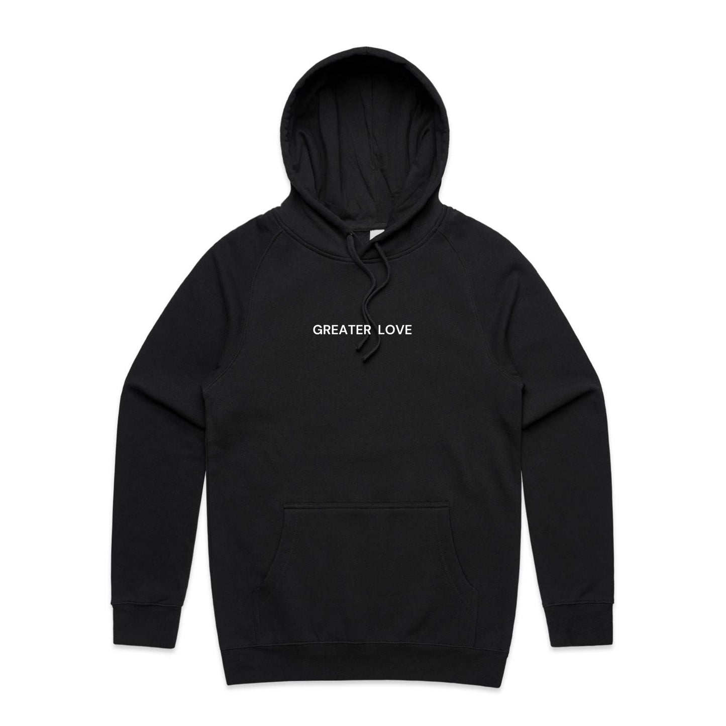 Christian hoodie featuring the phrase “Greater Love” in bold white lettering on the front — a simple yet powerful nod to John 15:13. Designed by Lighthouse Christian Clothing.