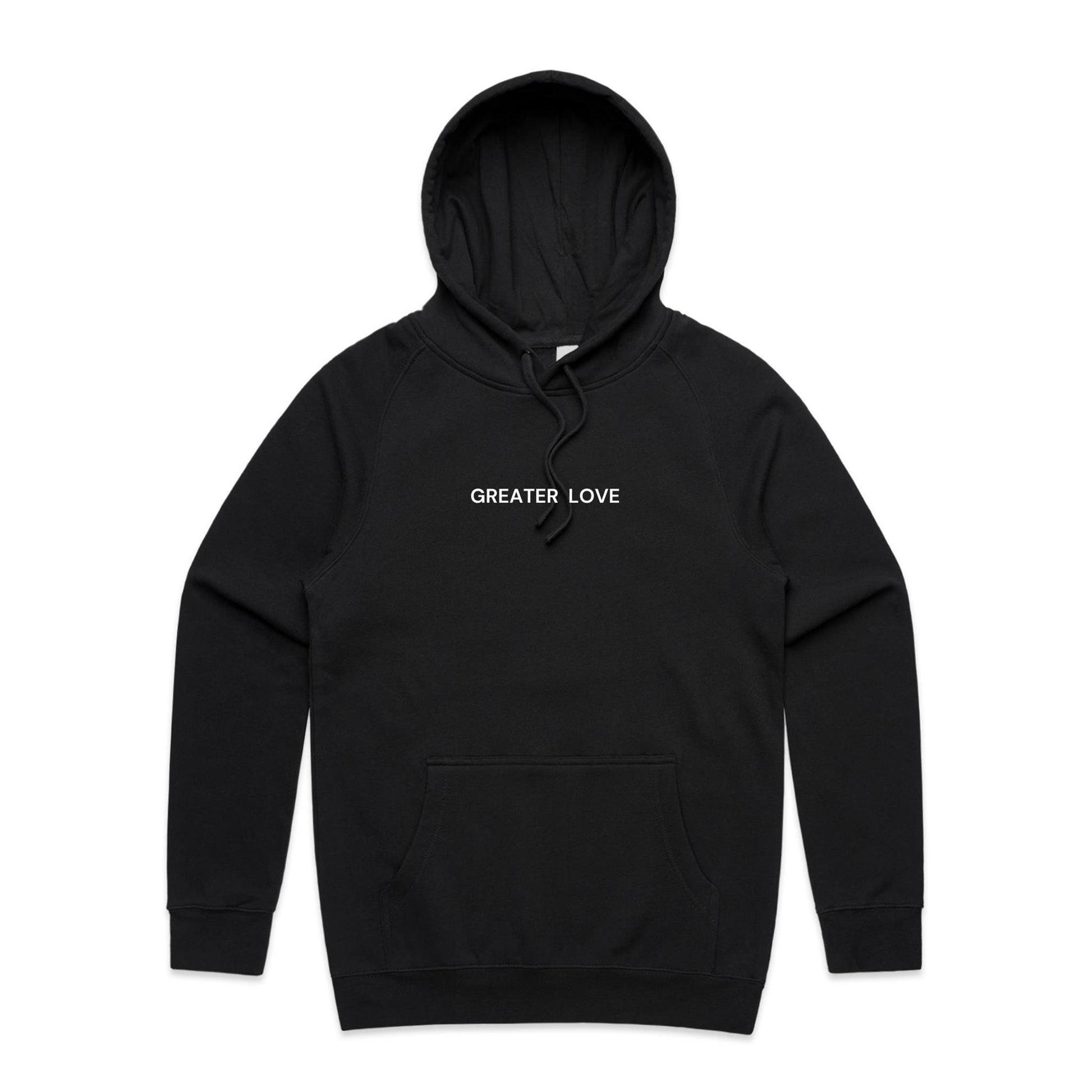 Christian hoodie featuring the phrase “Greater Love” in bold white lettering on the front — a simple yet powerful nod to John 15:13. Designed by Lighthouse Christian Clothing.