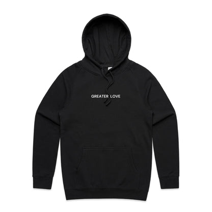 Christian hoodie featuring the phrase “Greater Love” in bold white lettering on the front — a simple yet powerful nod to John 15:13. Designed by Lighthouse Christian Clothing.