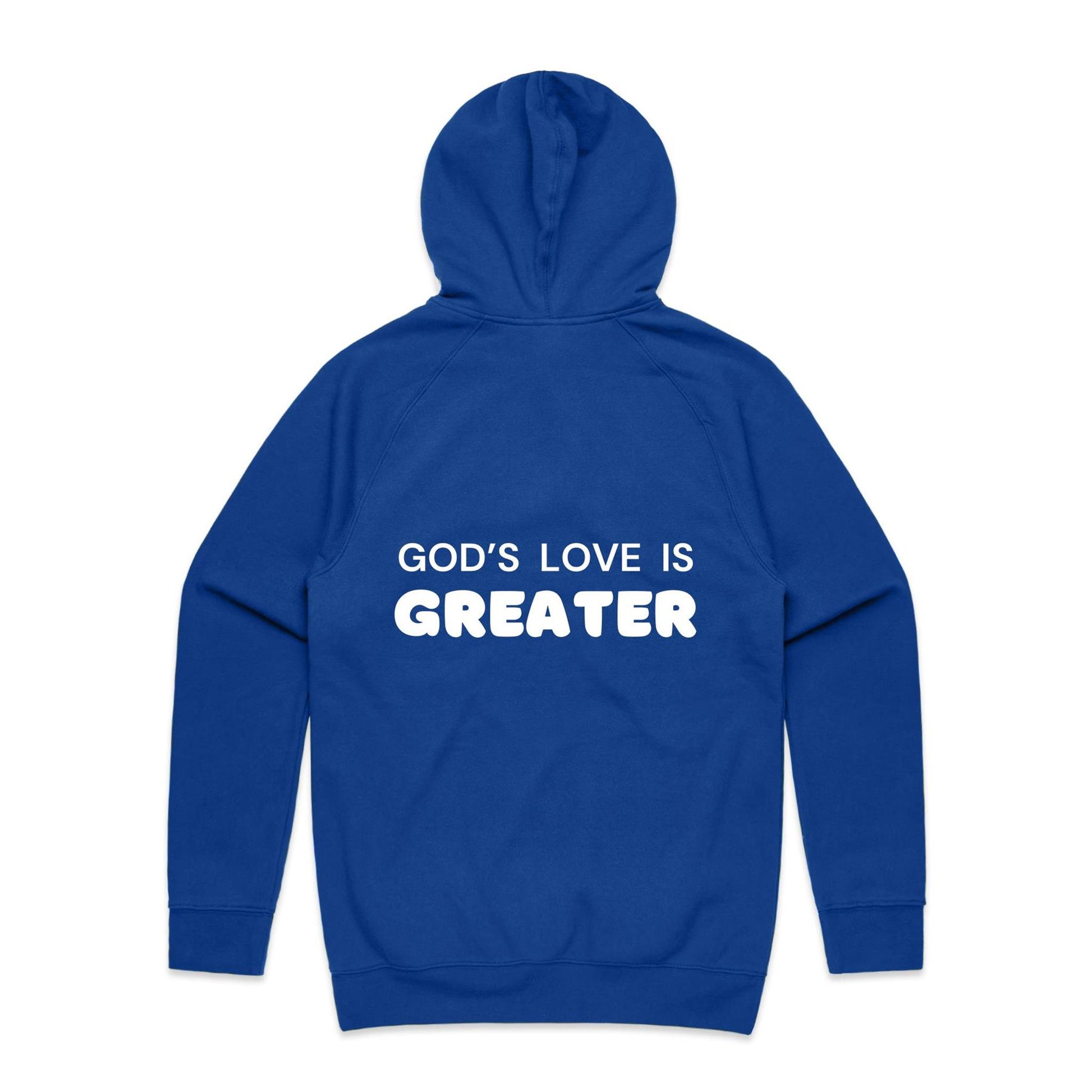 Christian hoodie with white text on the back that reads “God’s love is greater” — a faith-filled, comforting message about the unmatched love of Christ. Designed by Lighthouse Christian Clothing to inspire hope and share the gospel.