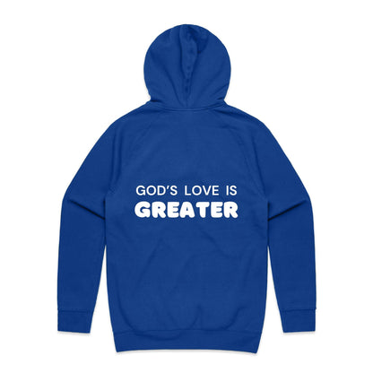 Christian hoodie with white text on the back that reads “God’s love is greater” — a faith-filled, comforting message about the unmatched love of Christ. Designed by Lighthouse Christian Clothing to inspire hope and share the gospel.